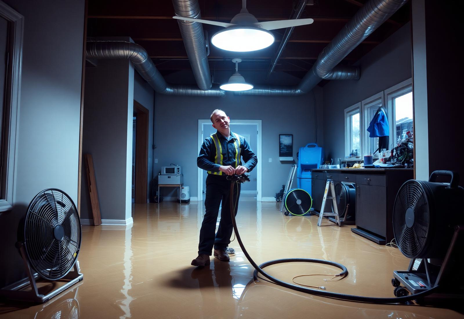Reset Restoration technician drying a flooded property in Fargo